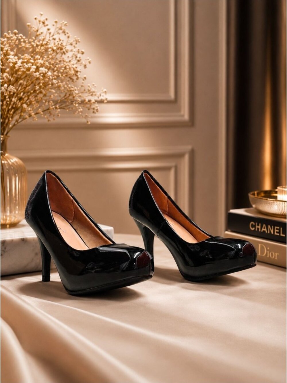 Black Patent Leather High Heels With Round Toe & Stiletto Heel For Women